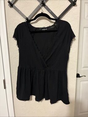 torrid Black Lace-Trim Peplum Wrap-Style Top